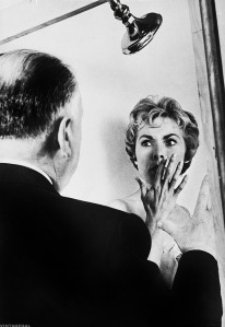 Alfred Hitchcock and janet Leigh on the set of Psycho (1960)
